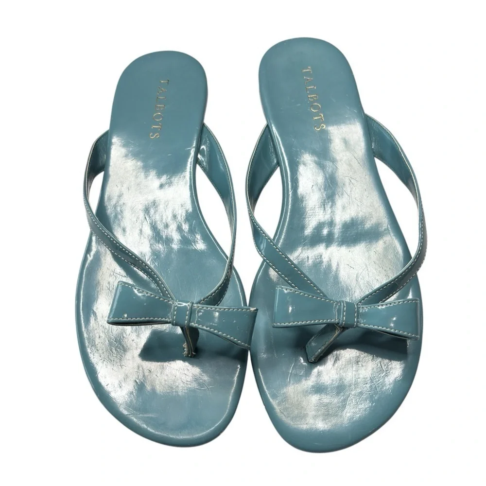 Talbots Womens Blue Sandals Patent Leather Flats Flip Flops with Bow Size US 9